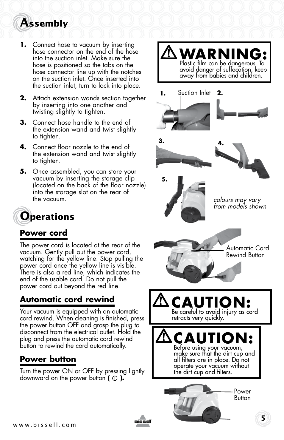 Warning, Caution, Ssembly | Perations | Bissell 1273e User Manual | Page 5 / 12