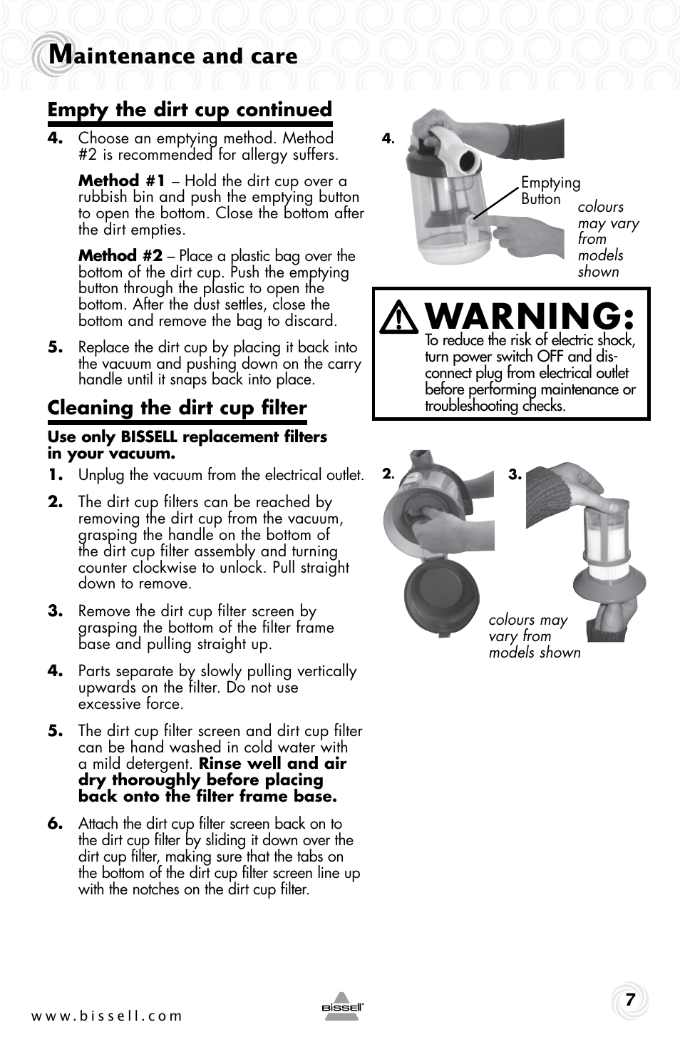 Warning, Aintenance and care, Empty the dirt cup continued | Cleaning the dirt cup filter | Bissell 1273e User Manual | Page 7 / 12