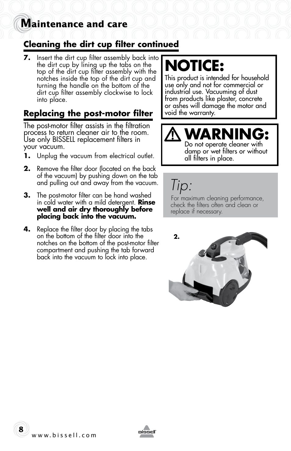 Notice, Warning, Aintenance and care | Bissell 1273e User Manual | Page 8 / 12