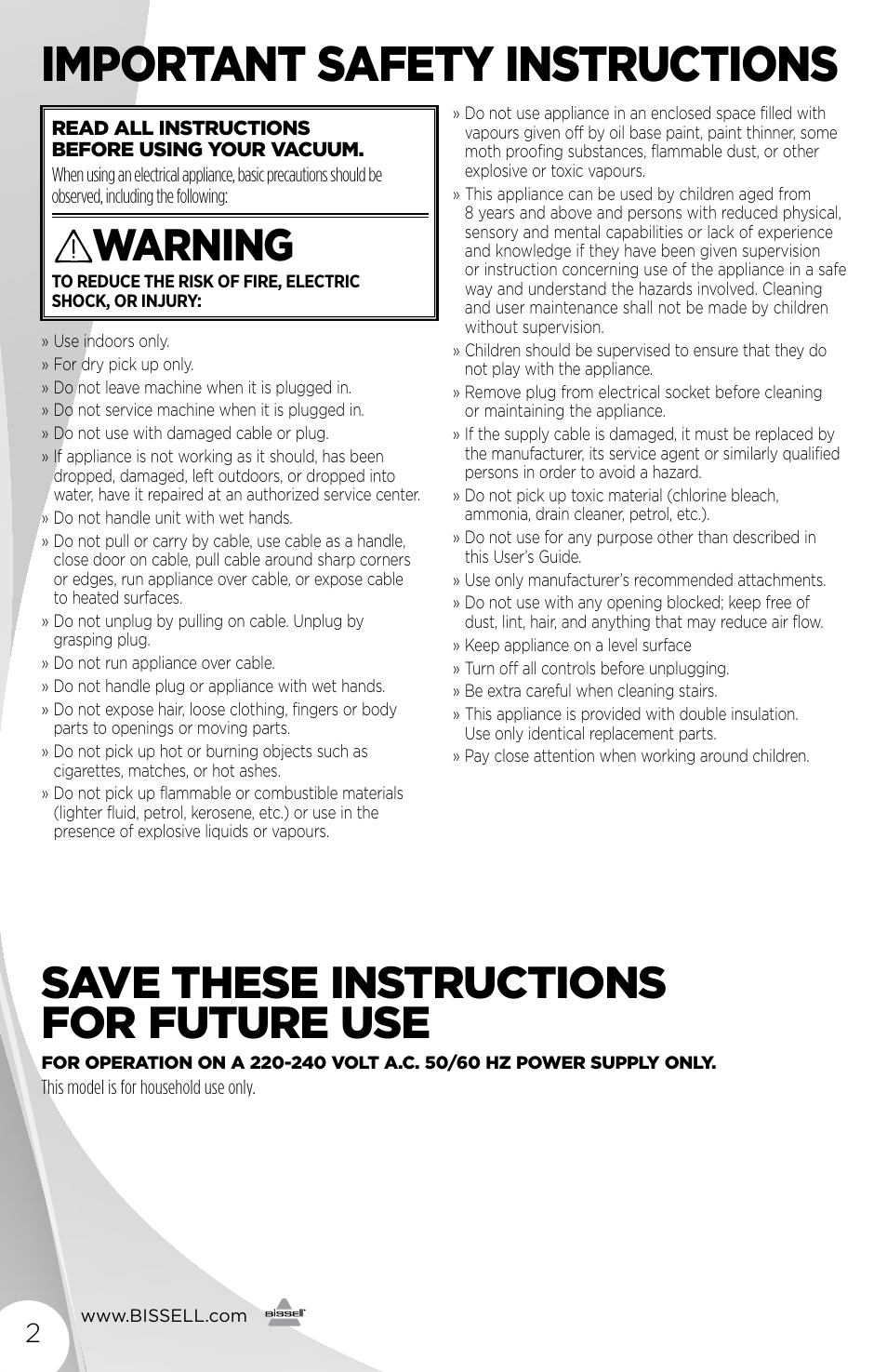 Important safety instructions, Save these instructions for future use, Warning | Bissell 1292 User Manual | Page 2 / 8