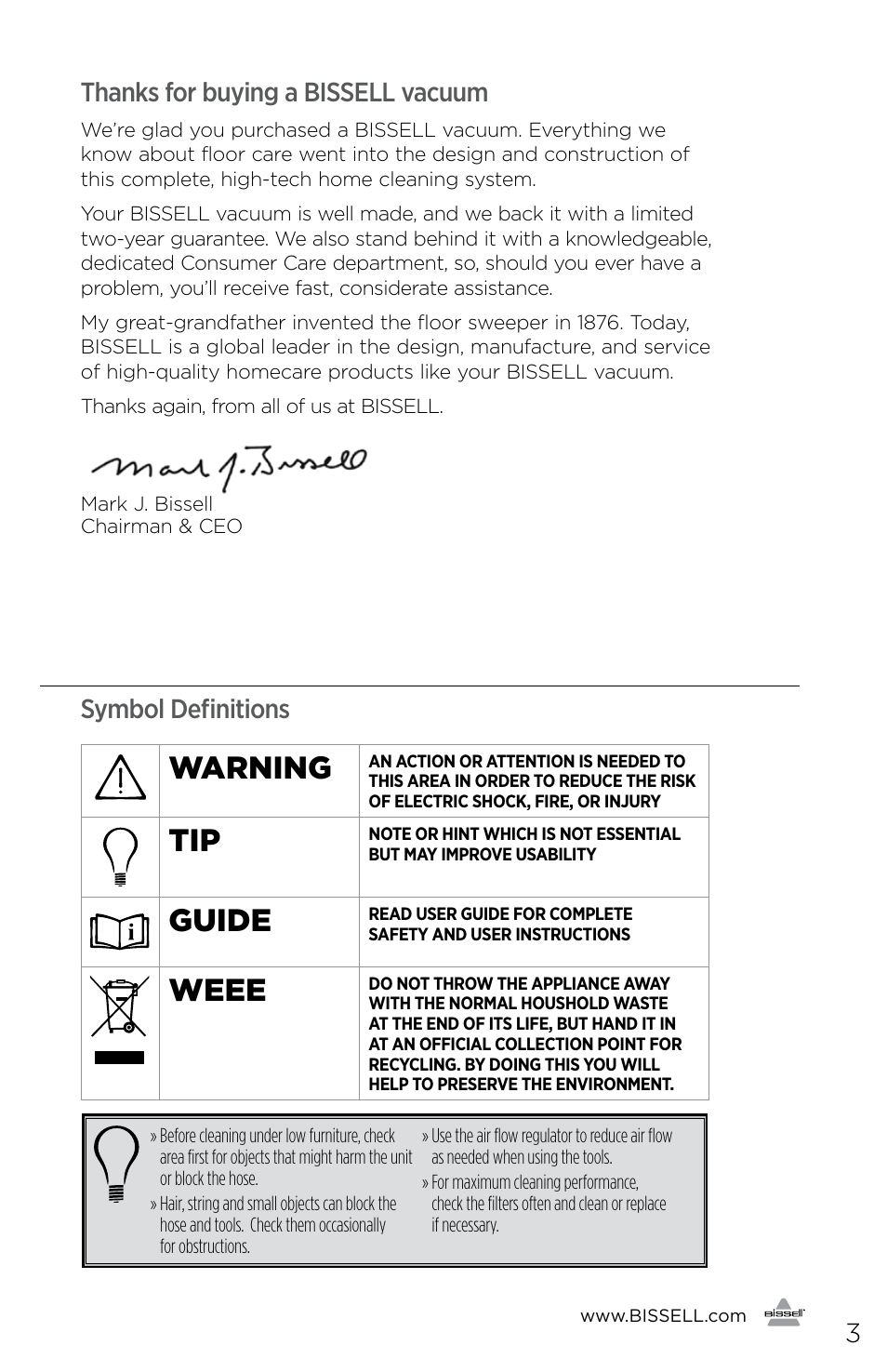 Warning, Guide, Weee | Symbol definitions | Bissell 1292 User Manual | Page 3 / 8