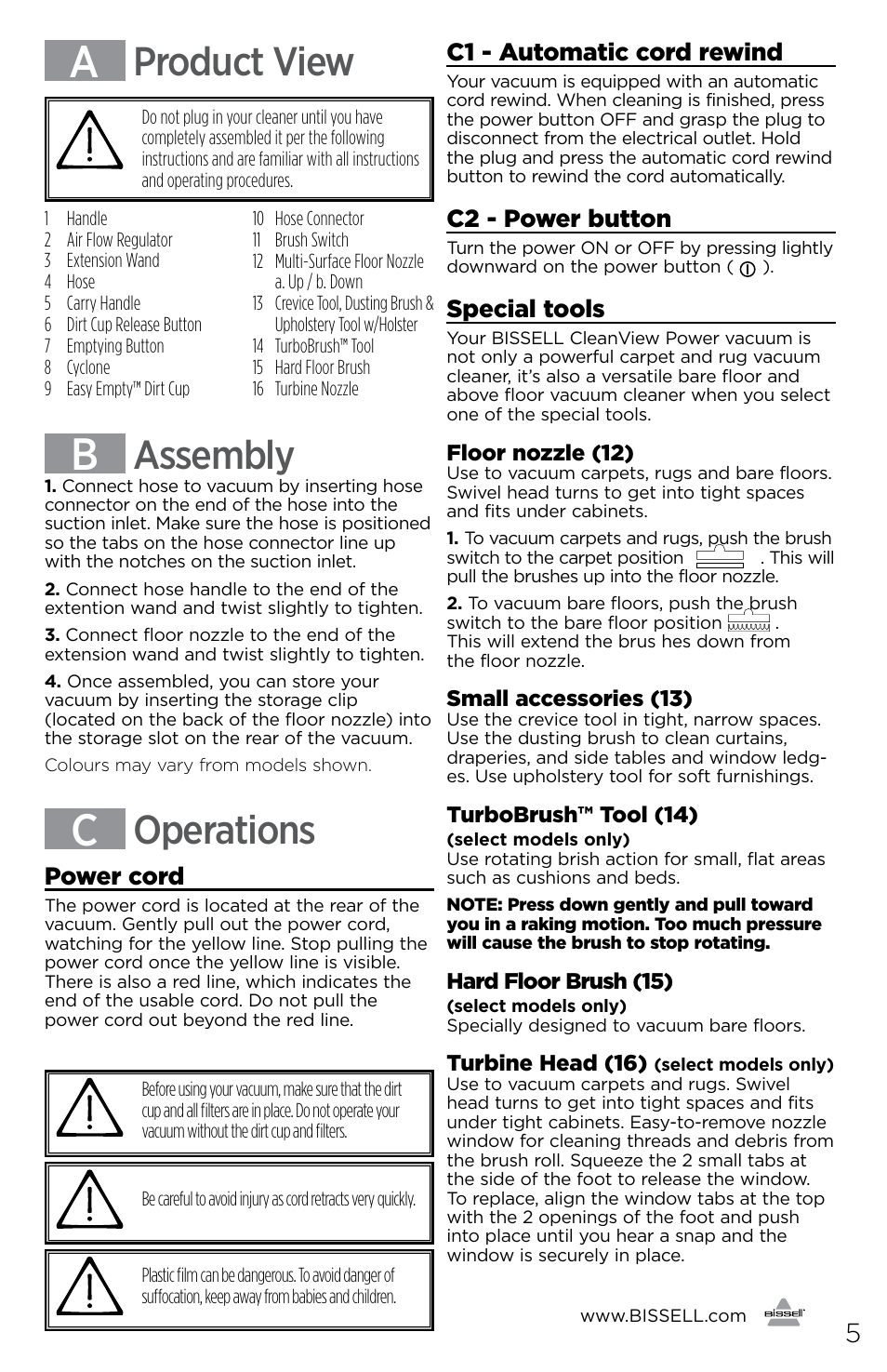 Product view, Assembly, Operations | C1 - automatic cord rewind, C2 - power button, Special tools, Power cord | Bissell 1292 User Manual | Page 5 / 8