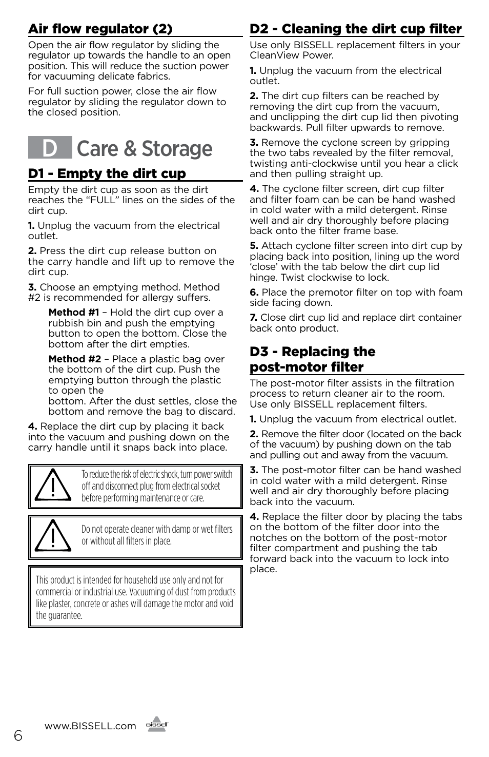 Care & storage, Air flow regulator (2), D1 - empty the dirt cup | D2 - cleaning the dirt cup filter, D3 - replacing the post-motor filter | Bissell 1292 User Manual | Page 6 / 8