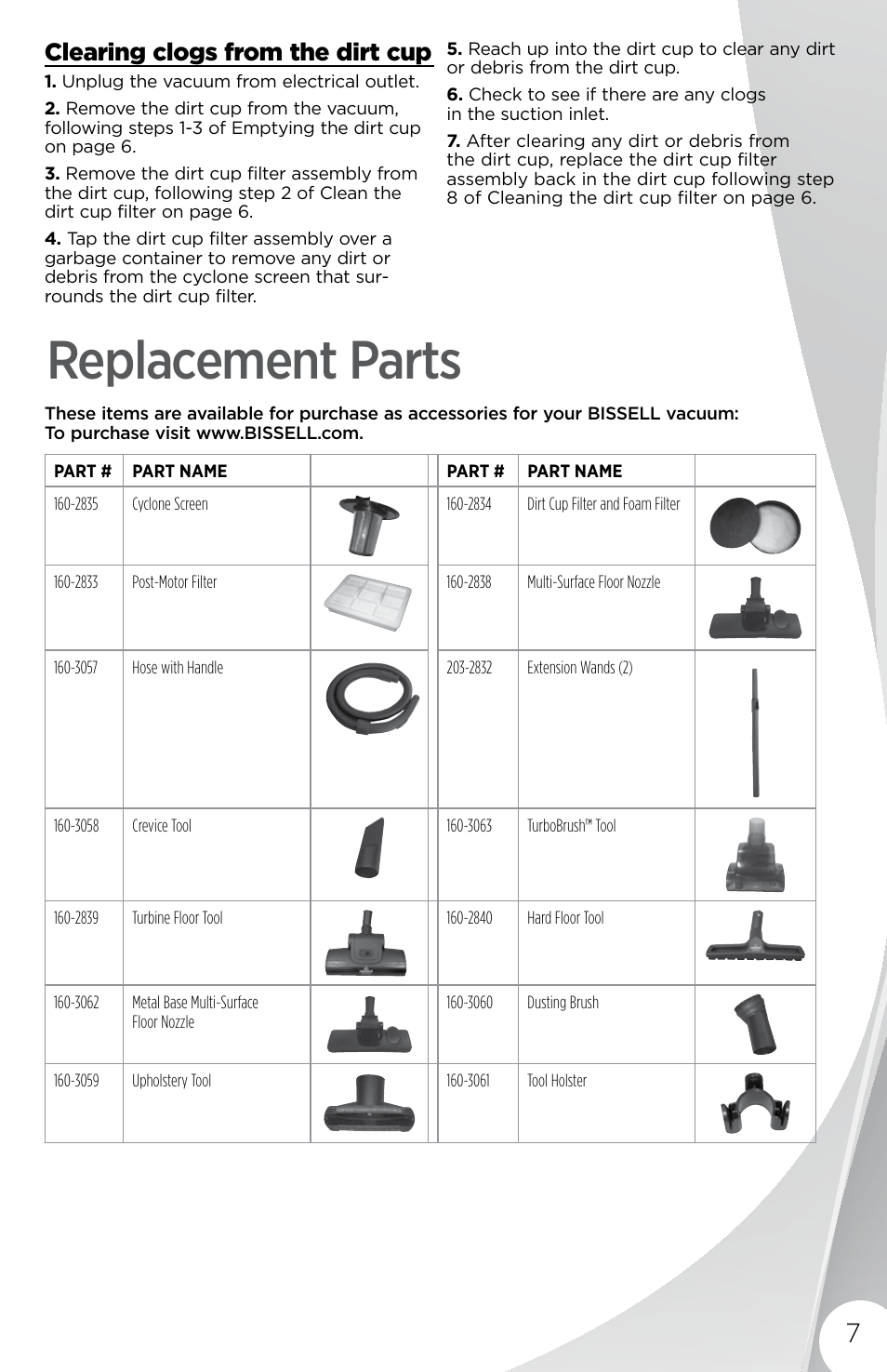 Replacement parts, Clearing clogs from the dirt cup | Bissell 1292 User Manual | Page 7 / 8