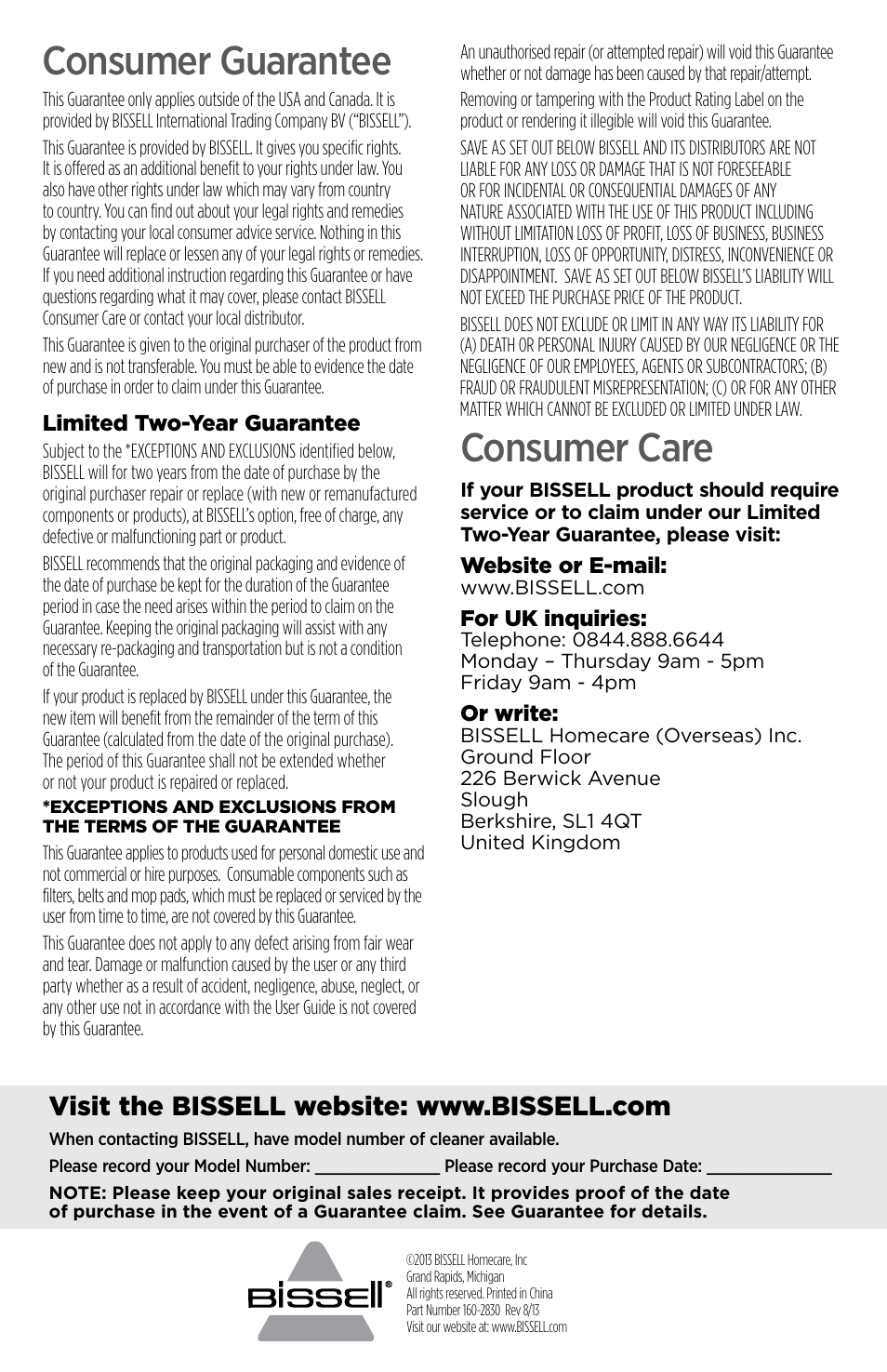 Consumer guarantee, Consumer care | Bissell 1292 User Manual | Page 8 / 8