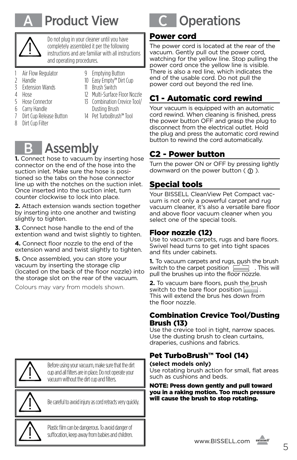 Product view, Operations, Assembly | Power cord, C1 - automatic cord rewind, C2 - power button, Special tools | Bissell 1427 User Manual | Page 5 / 8