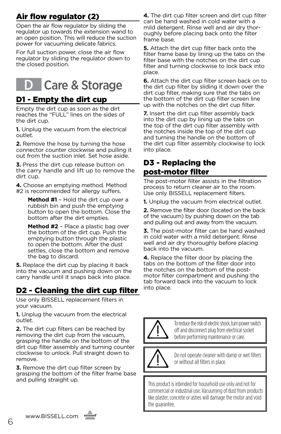 Care & storage, Air flow regulator (2), D1 - empty the dirt cup | D2 - cleaning the dirt cup filter, D3 - replacing the post-motor filter | Bissell 1427 User Manual | Page 6 / 8