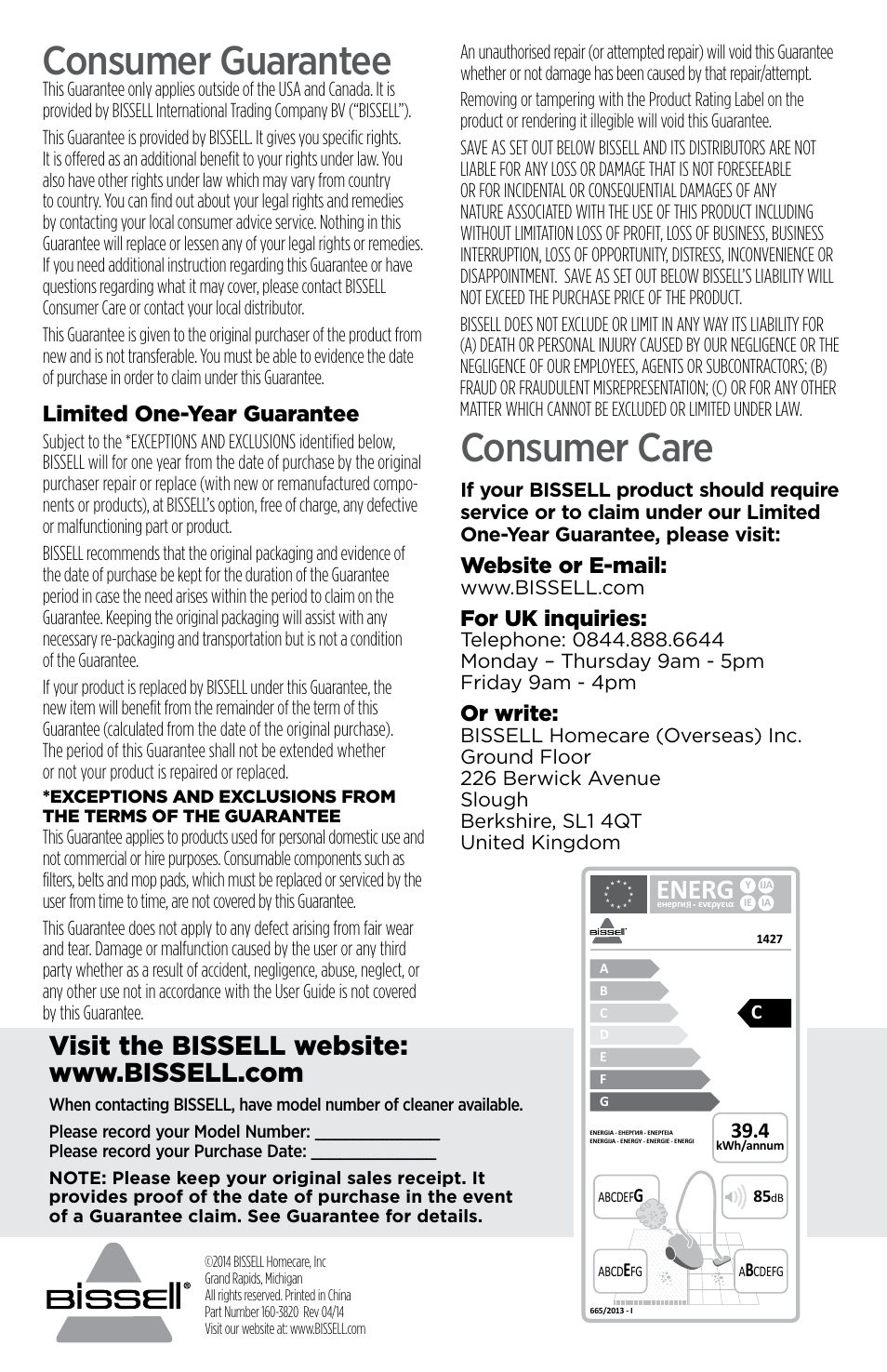 Consumer guarantee, Consumer care, Energ | Limited one-year guarantee, Website or e-mail, For uk inquiries, Or write | Bissell 1427 User Manual | Page 8 / 8