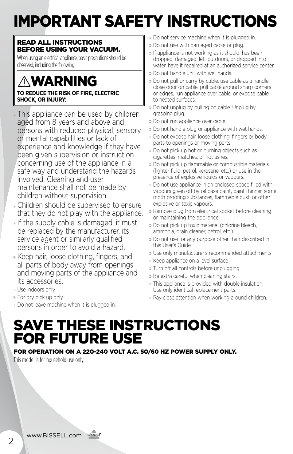 Important safety instructions, Save these instructions for future use, Warning | Bissell 1429 User Manual | Page 2 / 8