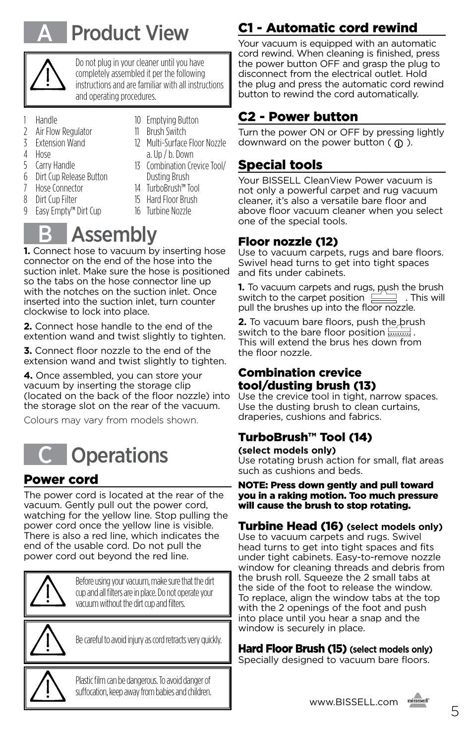 Product view, Assembly, Operations | C1 - automatic cord rewind, C2 - power button, Special tools, Power cord | Bissell 1429 User Manual | Page 5 / 8