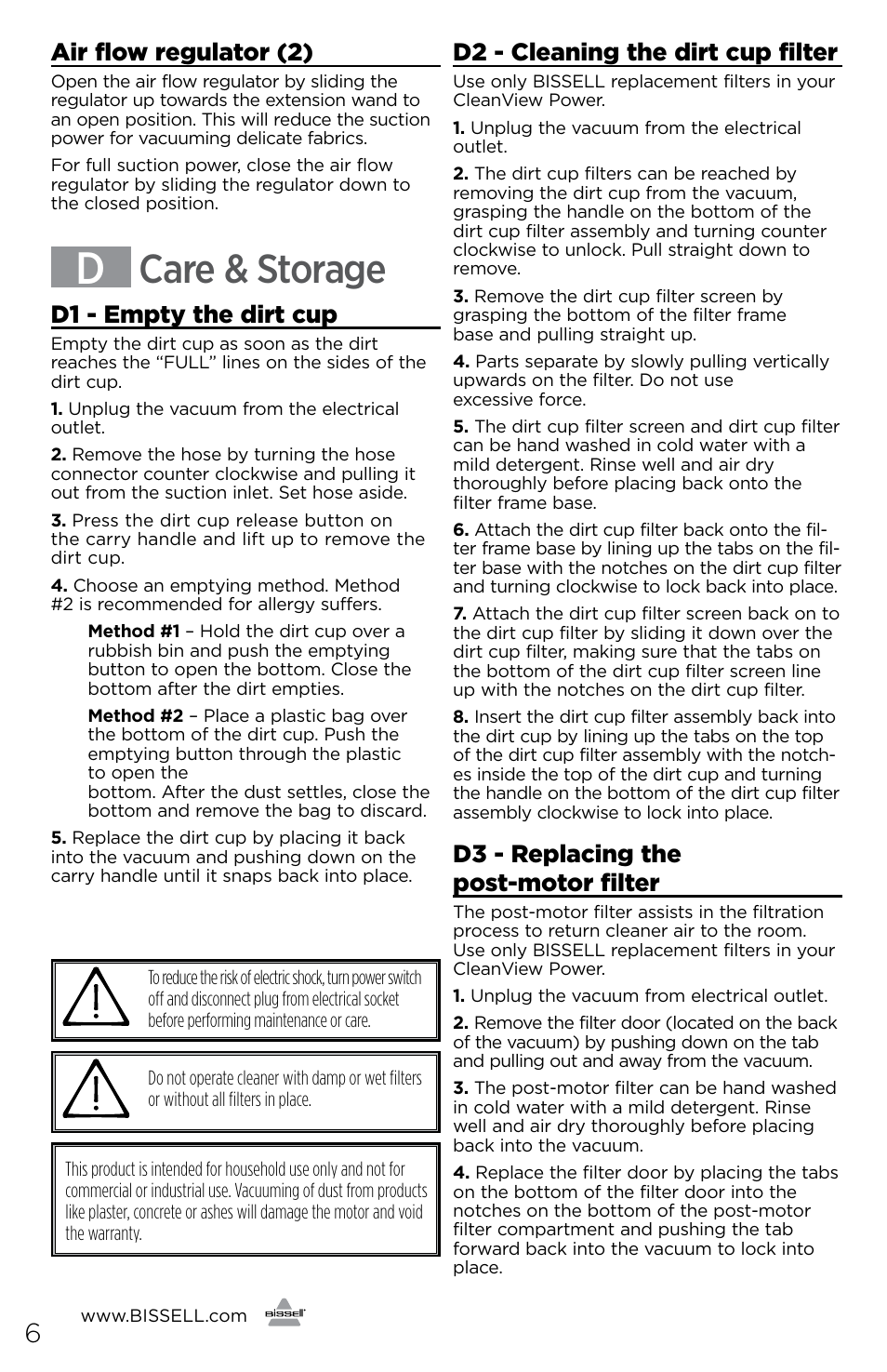 Care & storage, Air flow regulator (2), D1 - empty the dirt cup | D2 - cleaning the dirt cup filter, D3 - replacing the post-motor filter | Bissell 1429 User Manual | Page 6 / 8