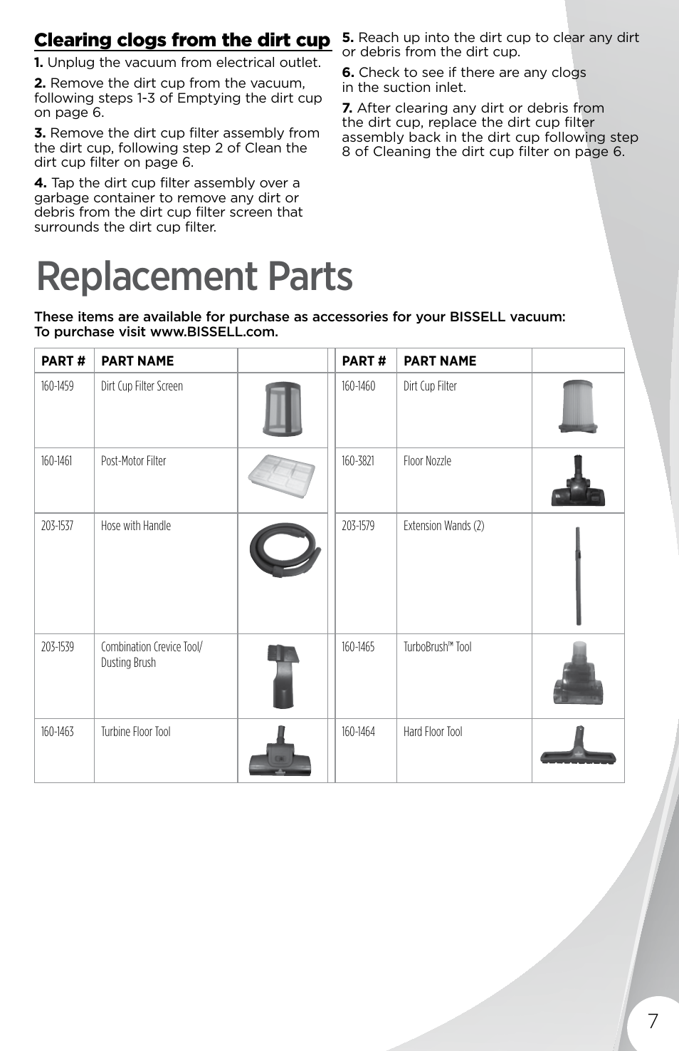 Replacement parts, Clearing clogs from the dirt cup | Bissell 1429 User Manual | Page 7 / 8