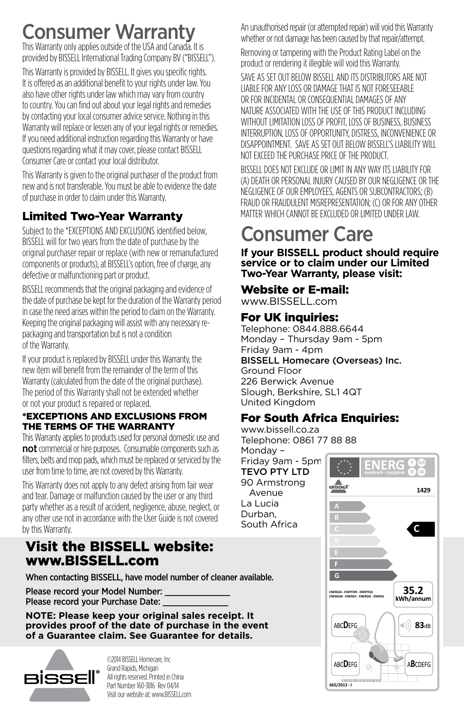 Consumer warranty, Consumer care, Energ | Limited two-year warranty, Website or e-mail, For uk inquiries, For south africa enquiries | Bissell 1429 User Manual | Page 8 / 8