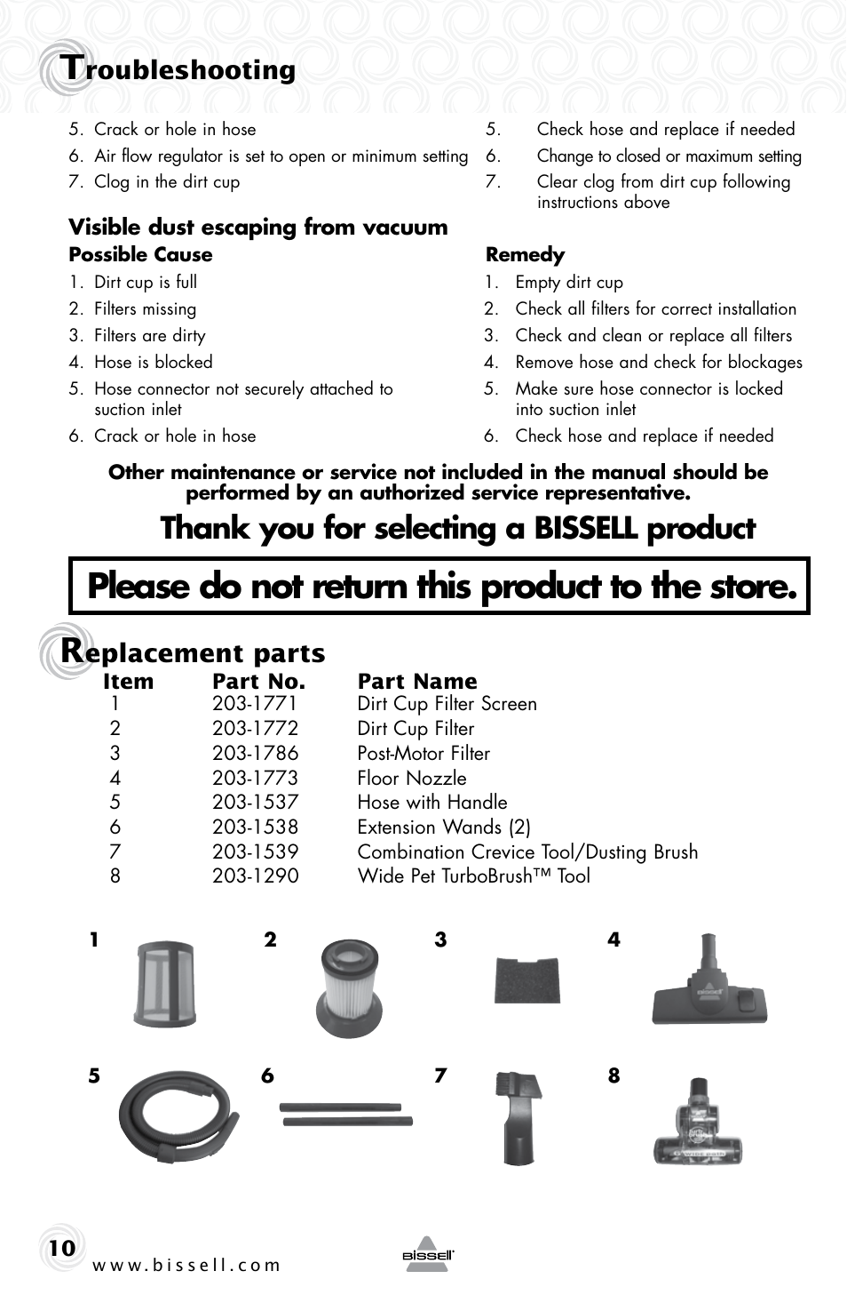 Please do not return this product to the store, Eplacement parts, Roubleshooting | Bissell 4757e User Manual | Page 10 / 12