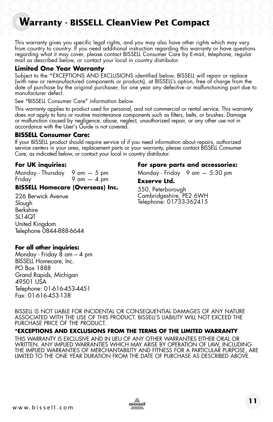 Arranty - bissell cleanview pet compact | Bissell 4757e User Manual | Page 11 / 12