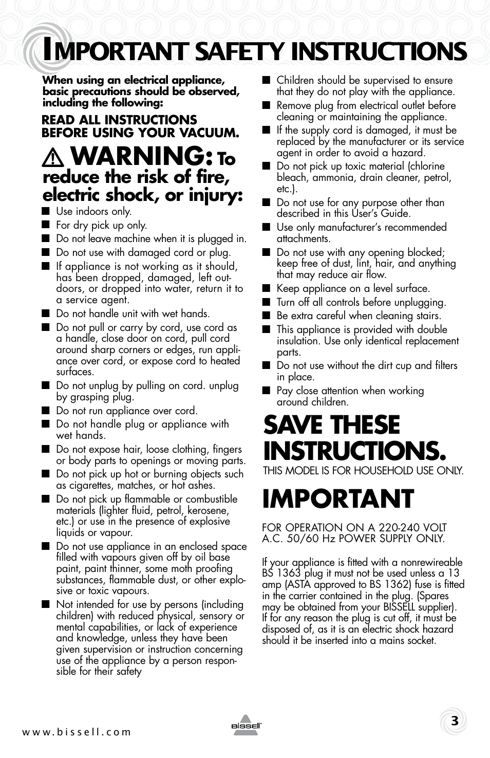 Warning, Save these instructions, Important | Mportant safety instructions | Bissell 4757e User Manual | Page 3 / 12