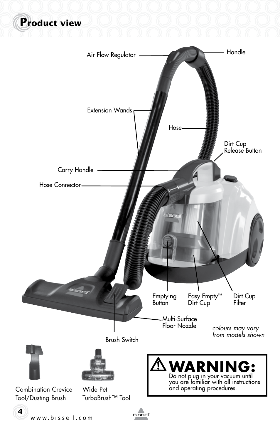 Warning, Roduct view | Bissell 4757e User Manual | Page 4 / 12