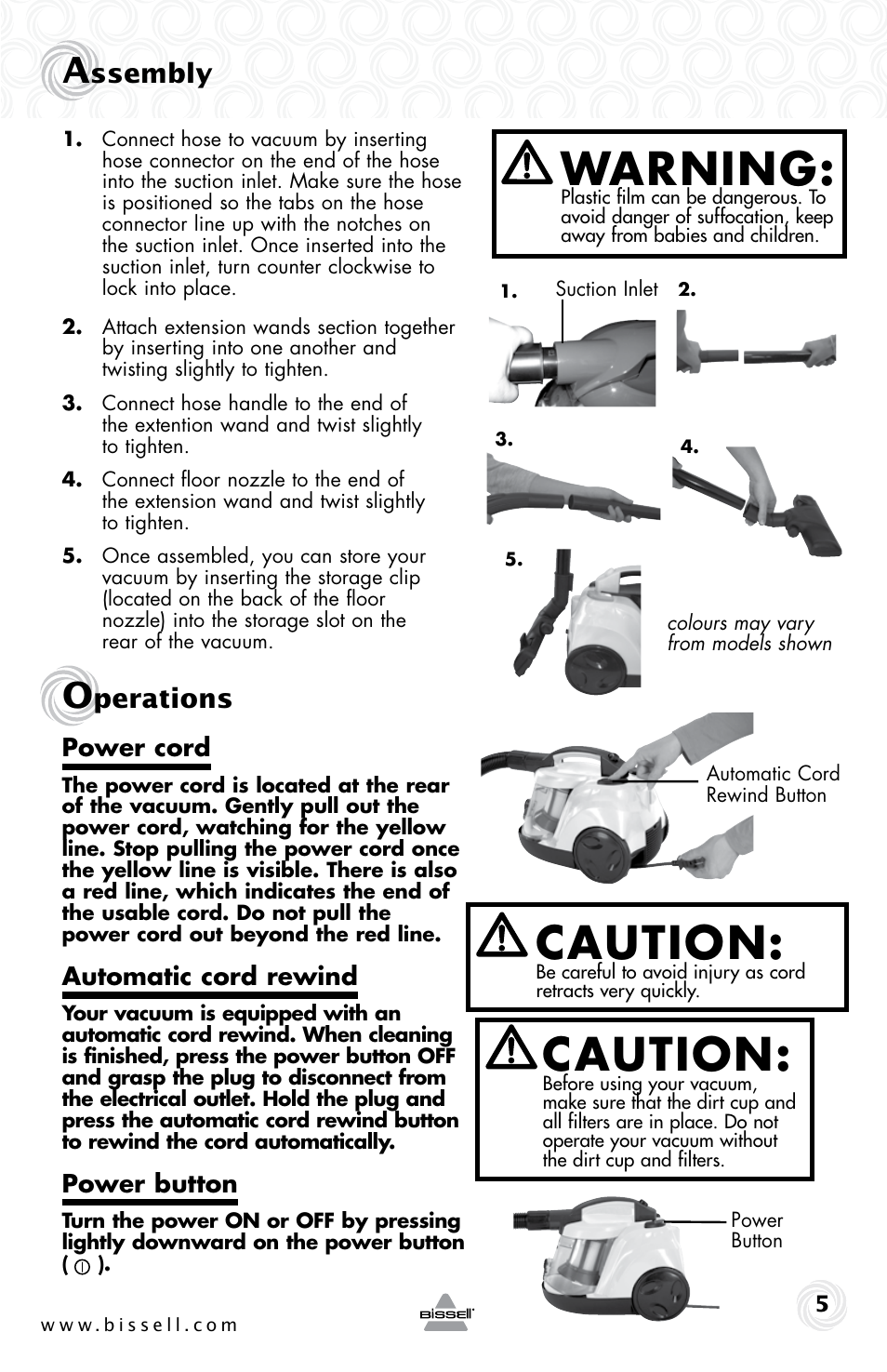 Warning, Caution, Ssembly | Perations | Bissell 4757e User Manual | Page 5 / 12