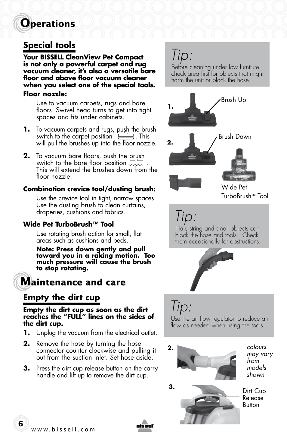 Perations, Aintenance and care, Special tools | Empty the dirt cup | Bissell 4757e User Manual | Page 6 / 12