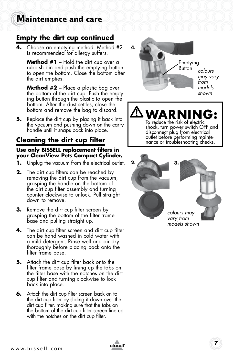 Warning, Aintenance and care, Empty the dirt cup continued | Cleaning the dirt cup filter | Bissell 4757e User Manual | Page 7 / 12