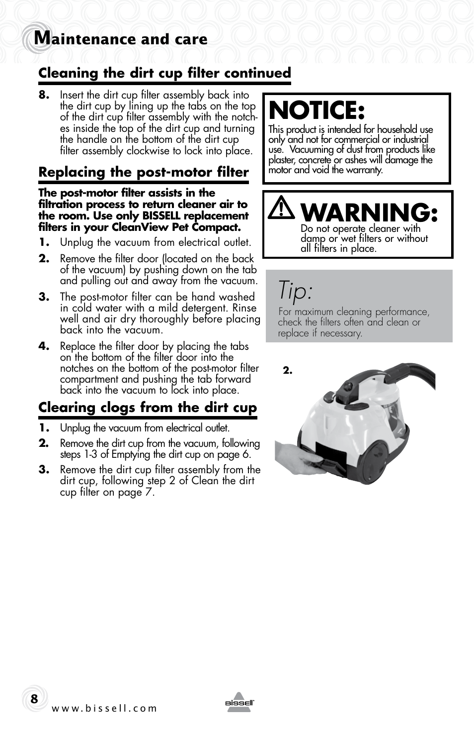 Notice, Warning, Aintenance and care | Bissell 4757e User Manual | Page 8 / 12