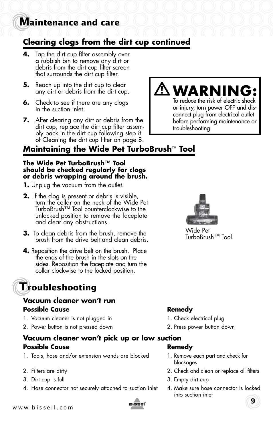 Warning, Aintenance and care, Roubleshooting | Maintaining the wide pet turbobrush, Tool clearing clogs from the dirt cup continued | Bissell 4757e User Manual | Page 9 / 12