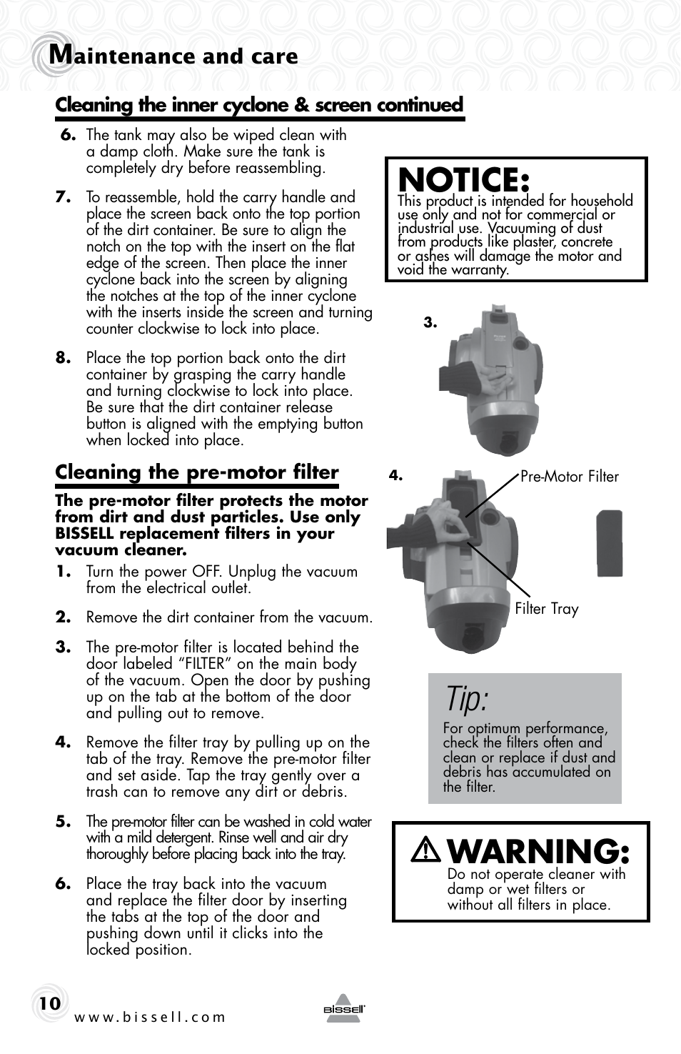 Notice, Warning, Aintenance and care | Bissell 5307e User Manual | Page 10 / 16