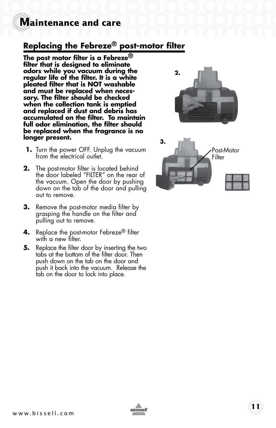 Aintenance and care, Replacing the febreze, Post-motor filter | Bissell 5307e User Manual | Page 11 / 16