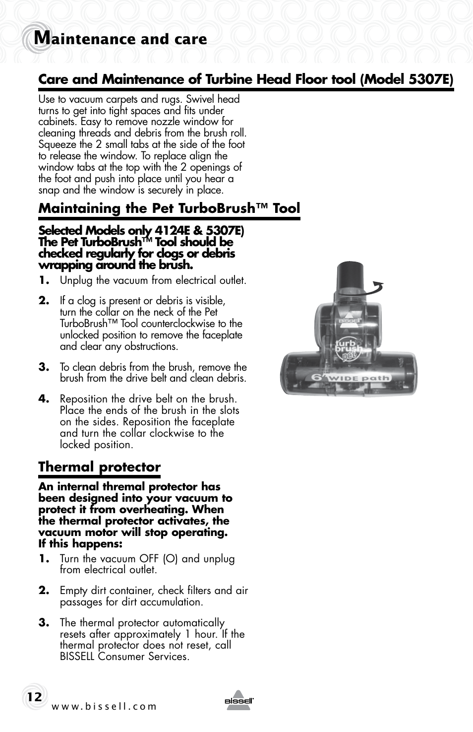 Aintenance and care, Thermal protector | Bissell 5307e User Manual | Page 12 / 16