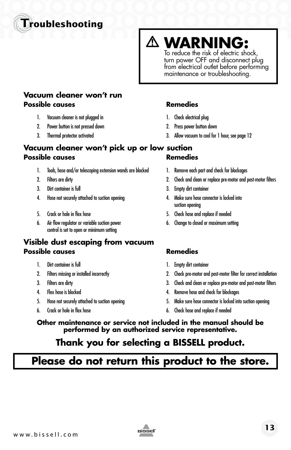 Warning, Please do not return this product to the store, Roubleshooting | Bissell 5307e User Manual | Page 13 / 16