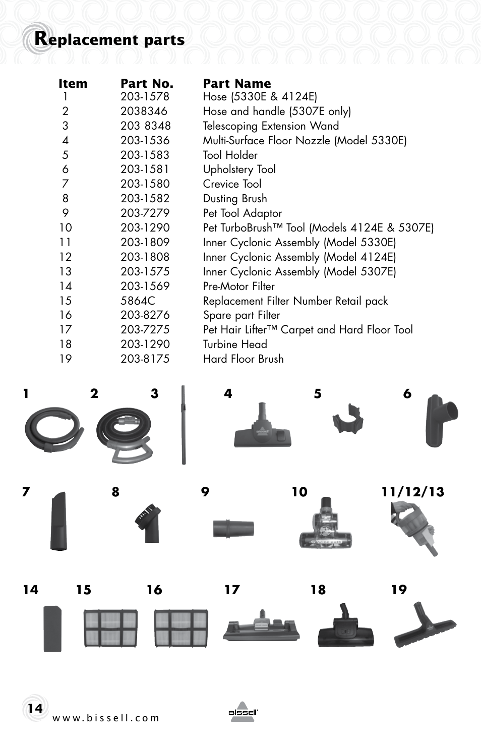 Eplacement parts | Bissell 5307e User Manual | Page 14 / 16