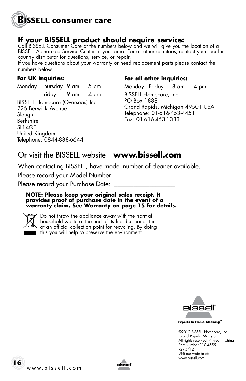 Issell consumer care, If your bissell product should require service | Bissell 5307e User Manual | Page 16 / 16