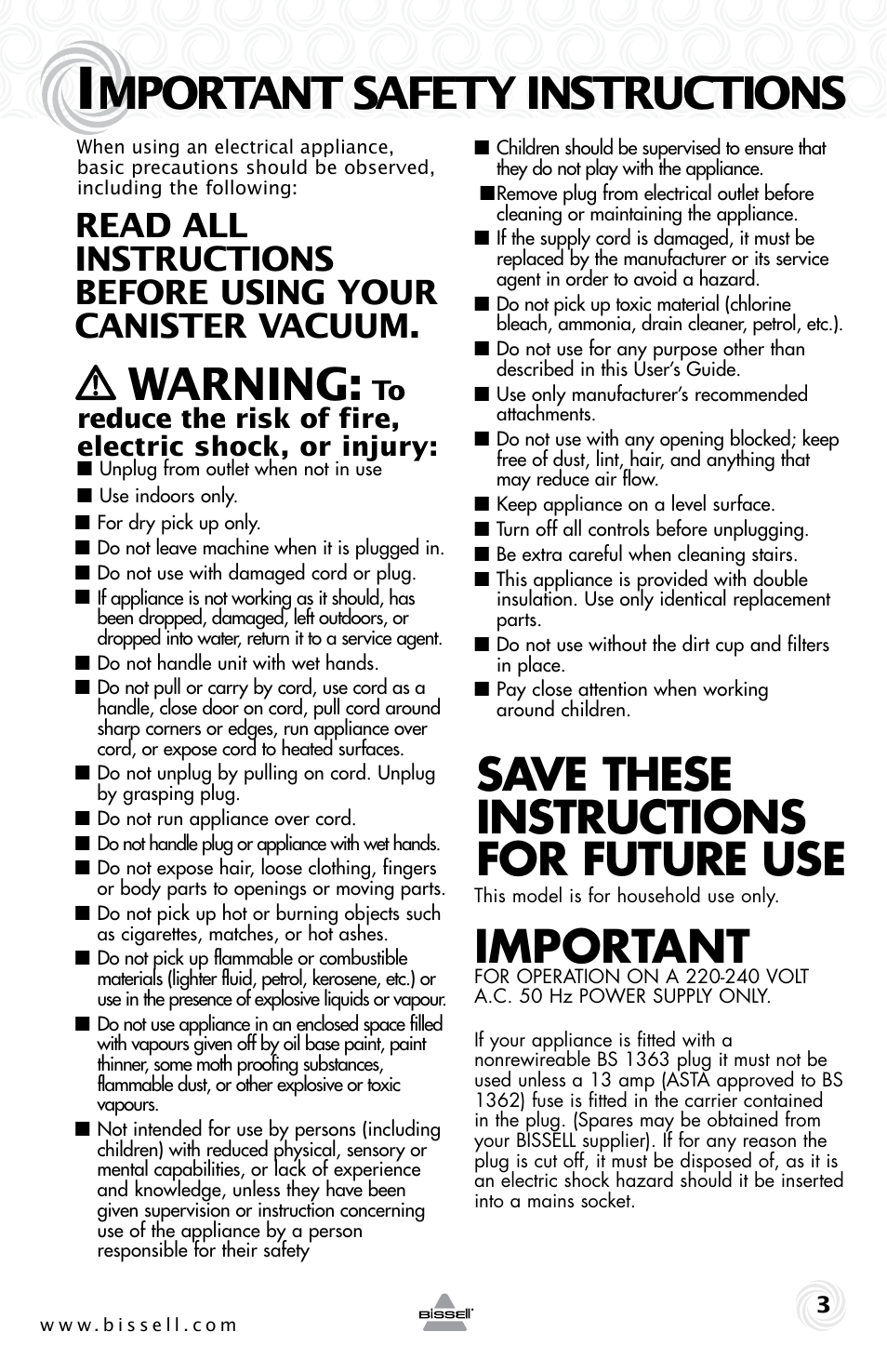 Mportant safety instructions, Warning, Save these instructions for future use | Important | Bissell 5307e User Manual | Page 3 / 16