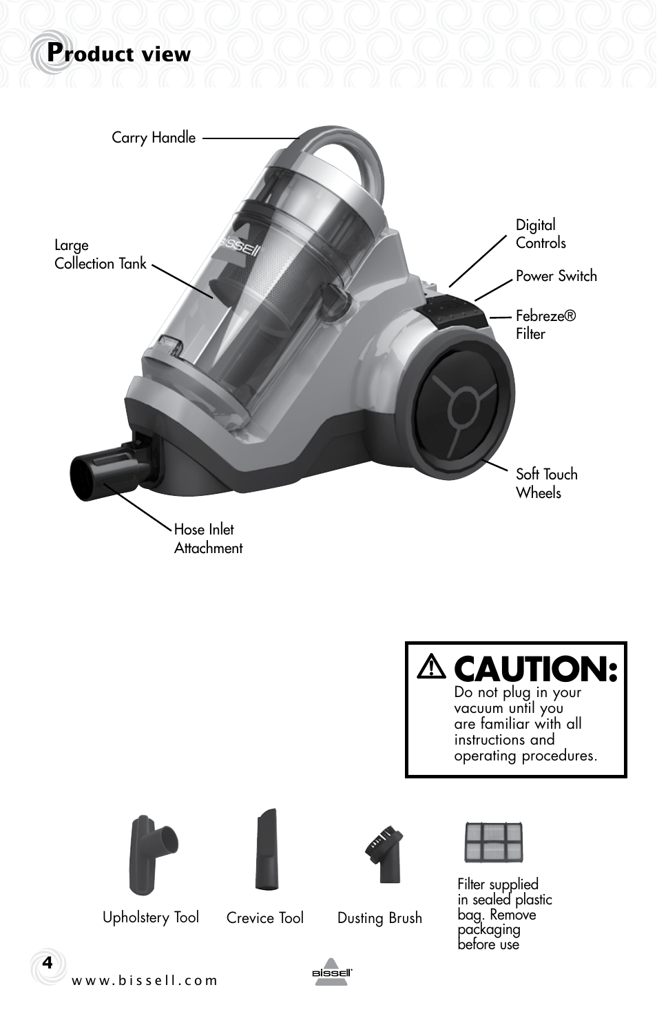 Caution, Roduct view | Bissell 5307e User Manual | Page 4 / 16