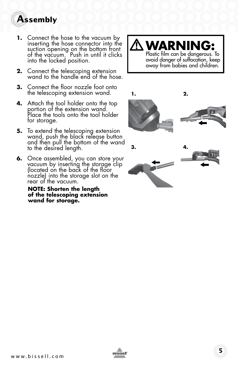 Warning, Ssembly | Bissell 5307e User Manual | Page 5 / 16