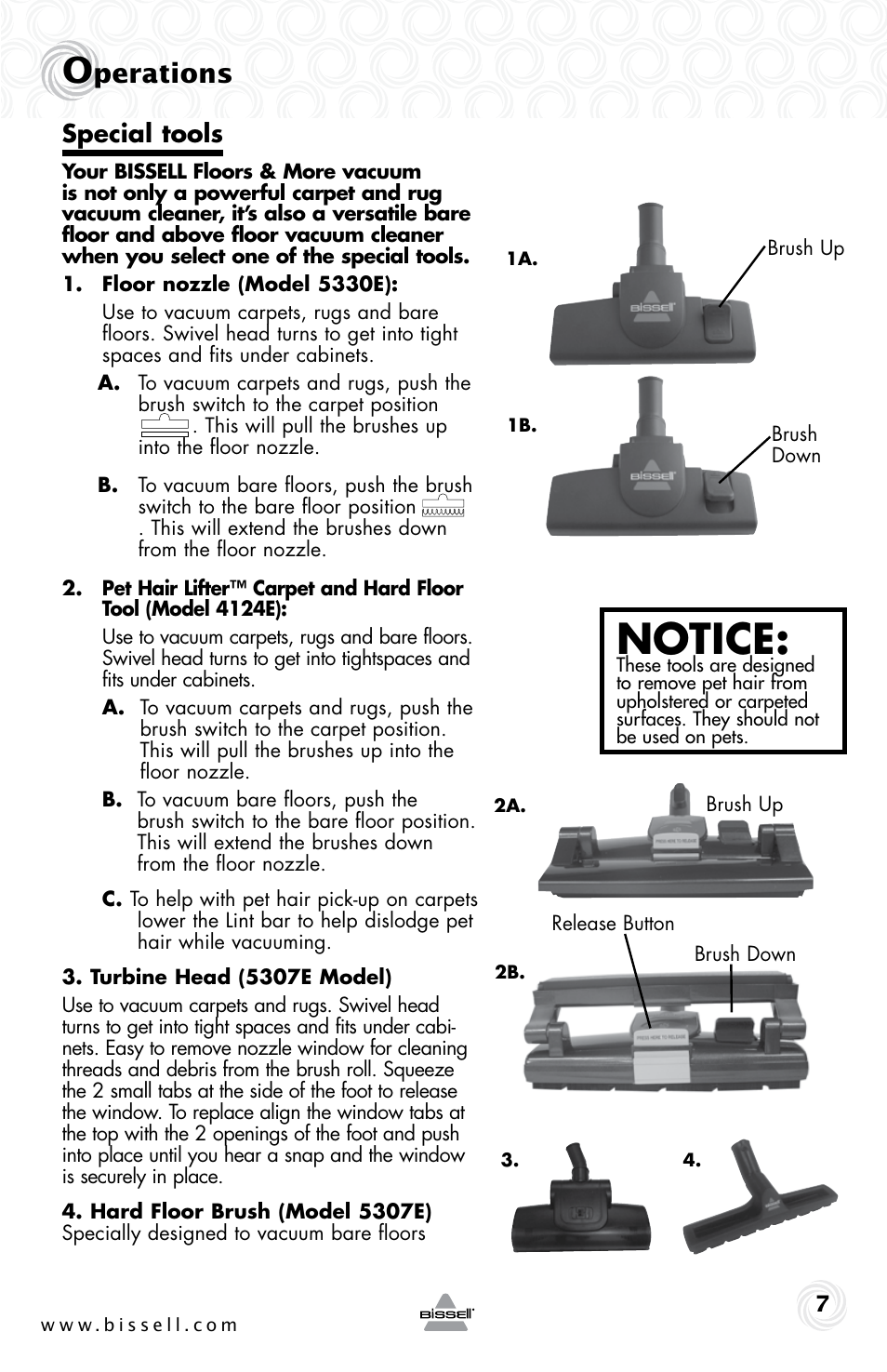 Notice, Perations, Special tools | Bissell 5307e User Manual | Page 7 / 16