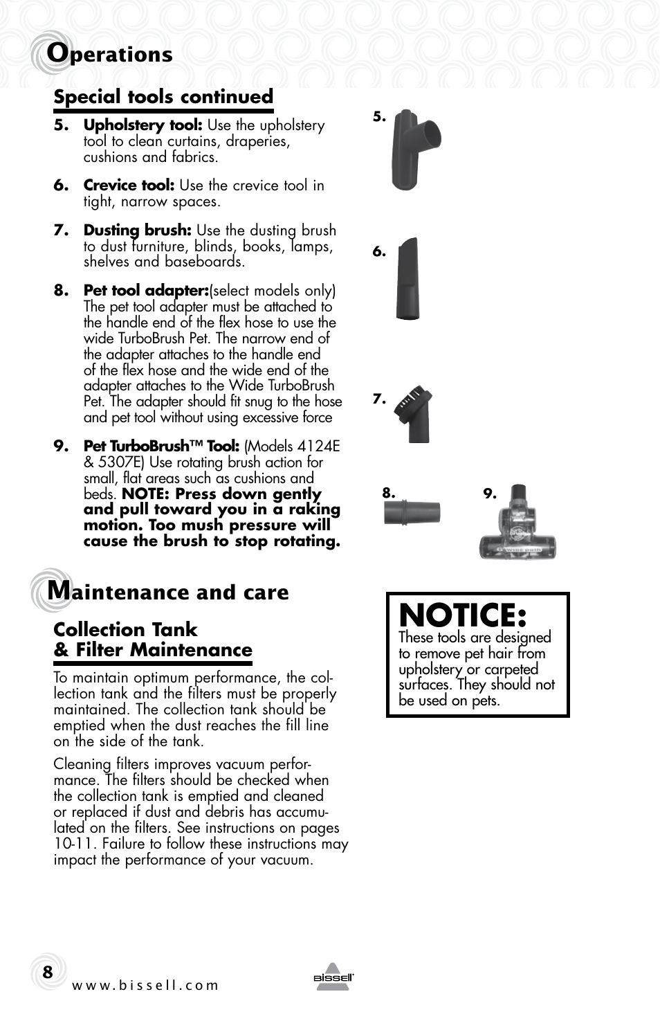 Notice, Perations, Aintenance and care | Bissell 5307e User Manual | Page 8 / 16