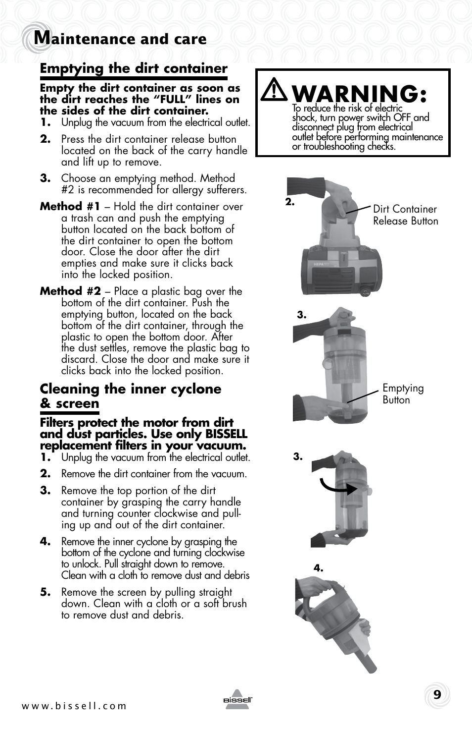 Warning, Aintenance and care, Emptying the dirt container | Cleaning the inner cyclone & screen | Bissell 5307e User Manual | Page 9 / 16