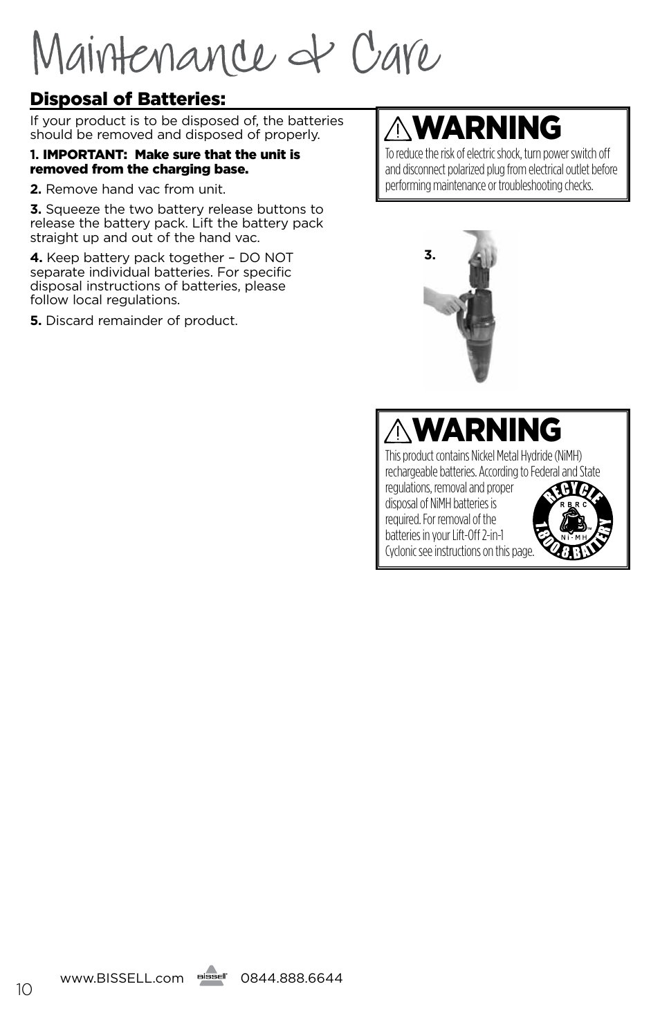 Maintenance & care, Warning | Bissell 1189E User Manual | Page 10 / 12