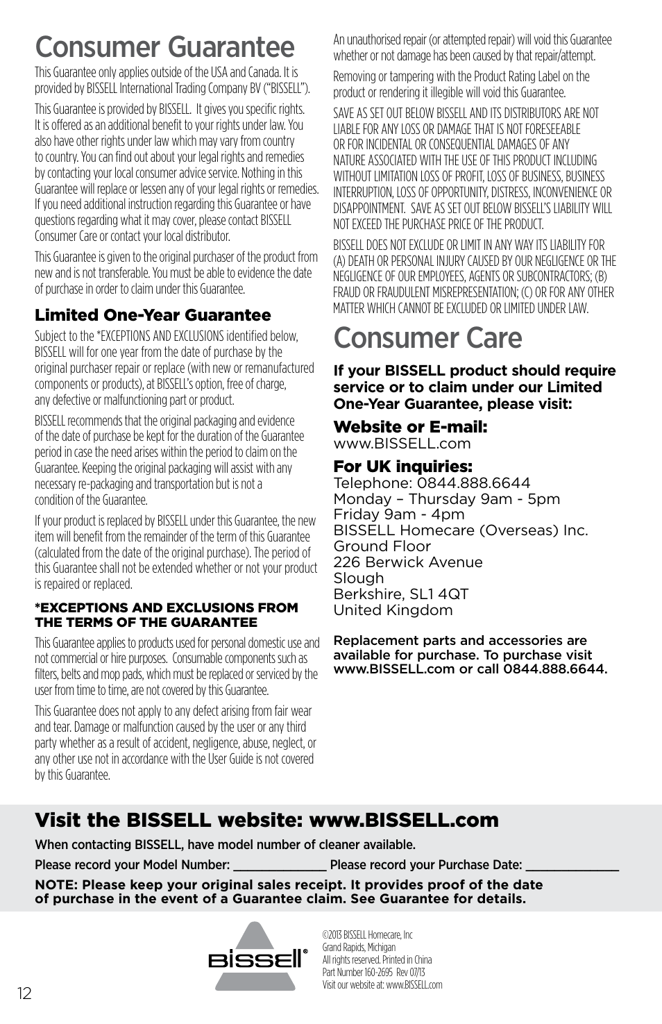 Consumer guarantee, Consumer care | Bissell 1189E User Manual | Page 12 / 12