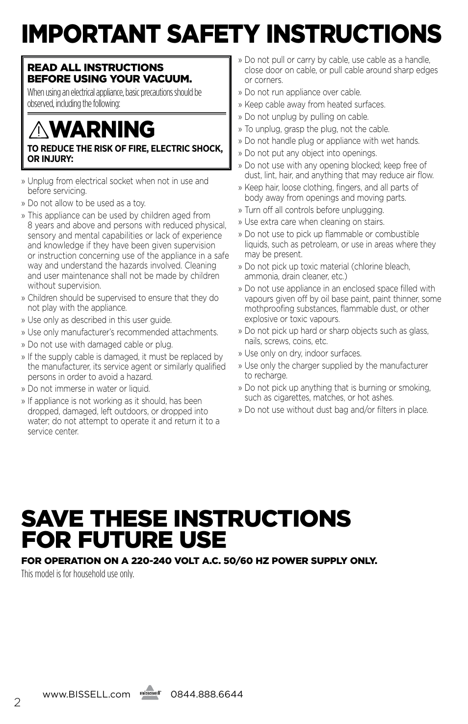 Important safety instructions, Warning, Save these instructions for future use | Bissell 1189E User Manual | Page 2 / 12