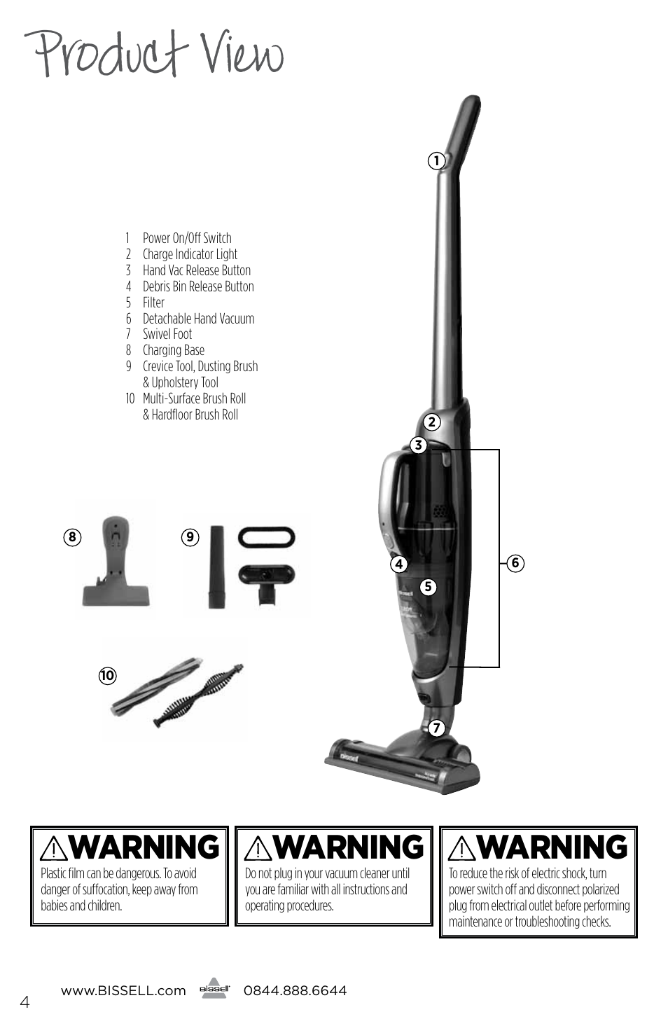 Product view, Warning | Bissell 1189E User Manual | Page 4 / 12