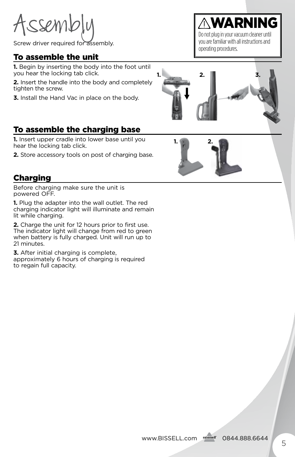 Assembly, Warning | Bissell 1189E User Manual | Page 5 / 12