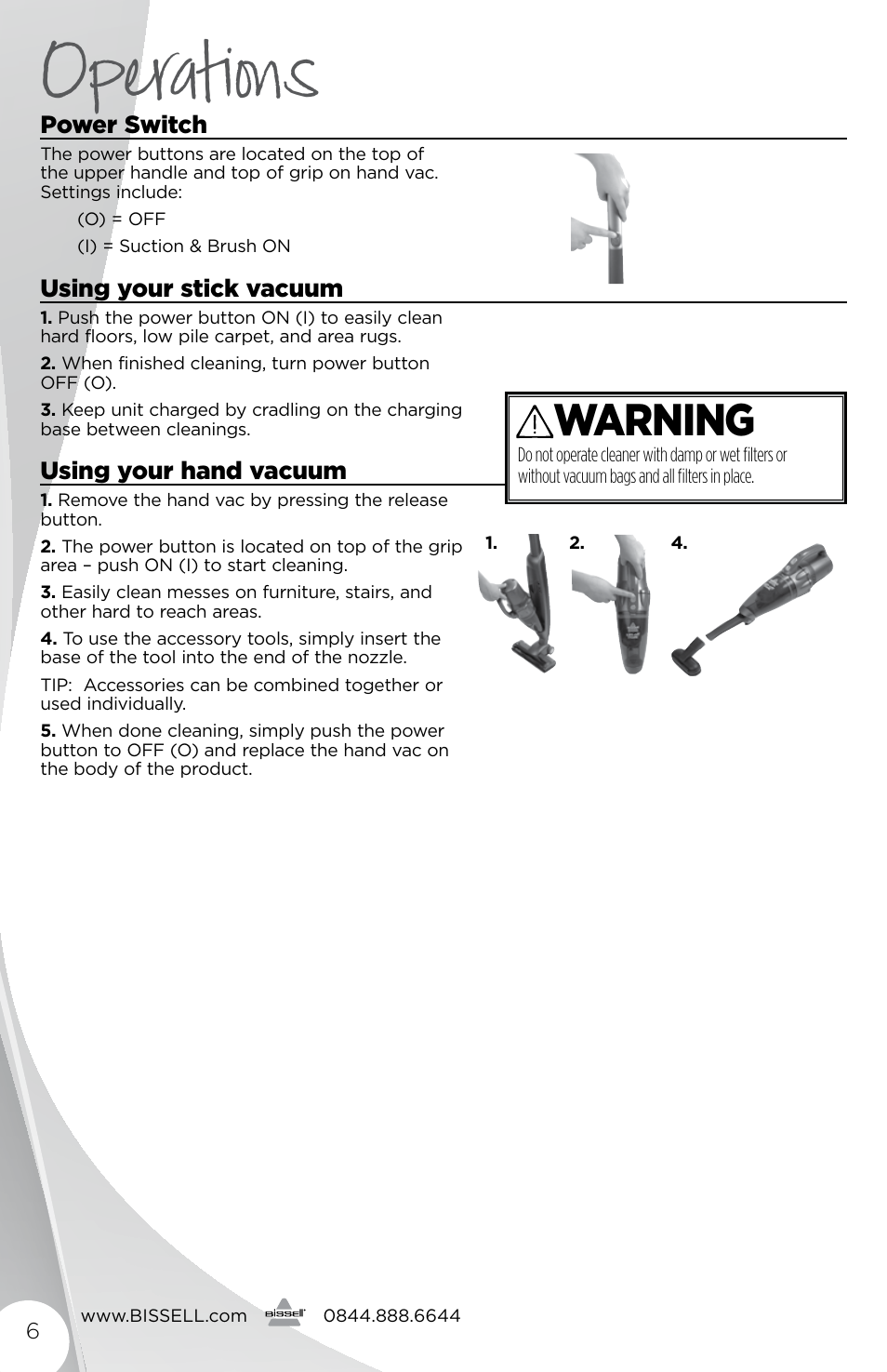 Operations, Warning | Bissell 1189E User Manual | Page 6 / 12