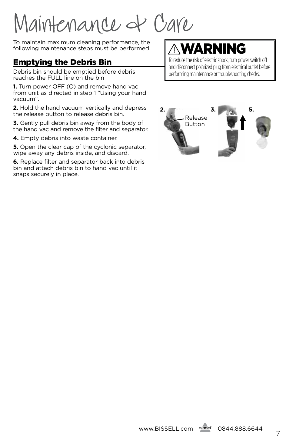 Maintenance & care, Warning | Bissell 1189E User Manual | Page 7 / 12