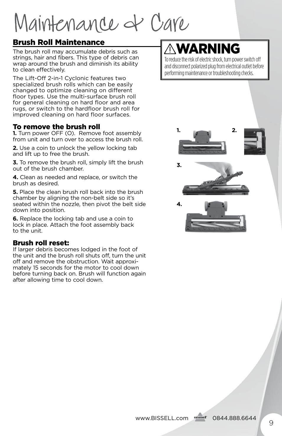 Maintenance & care, Warning, Brush roll maintenance | Bissell 1189E User Manual | Page 9 / 12