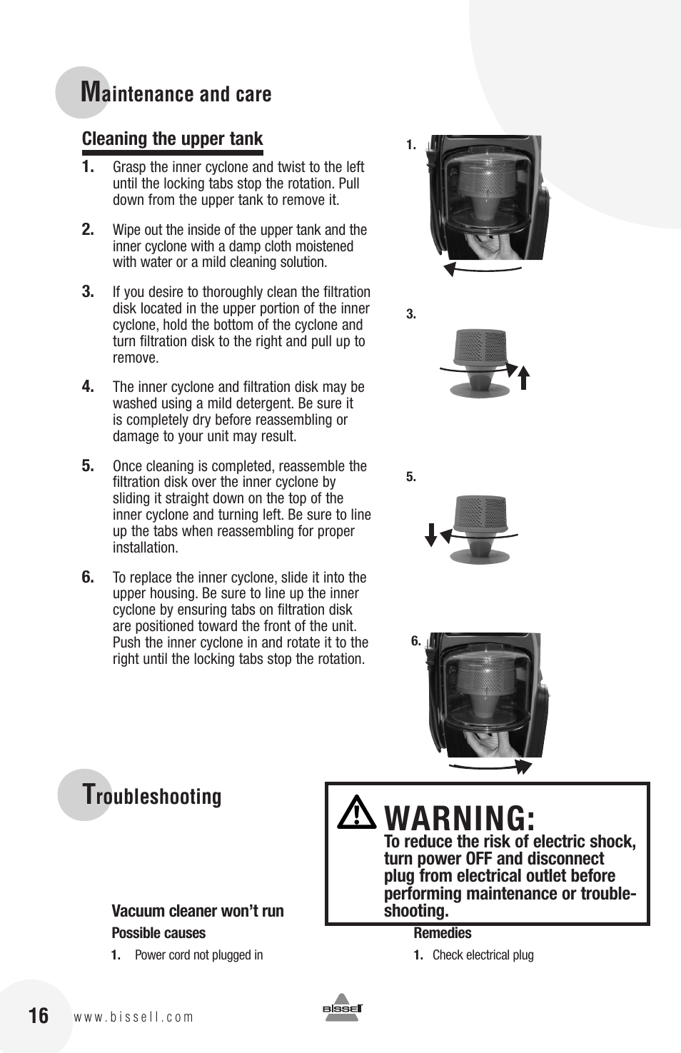 Warning, Roubleshooting, Aintenance and care | Bissell 10N6 User Manual | Page 16 / 20