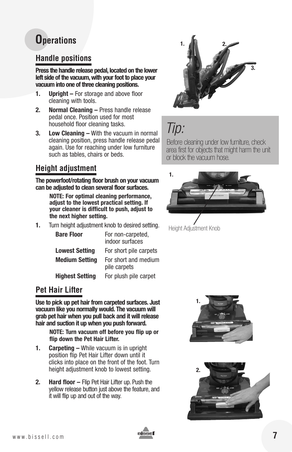 Perations 7, Handle positions, Height adjustment | Pet hair lifter | Bissell 10N6 User Manual | Page 7 / 20