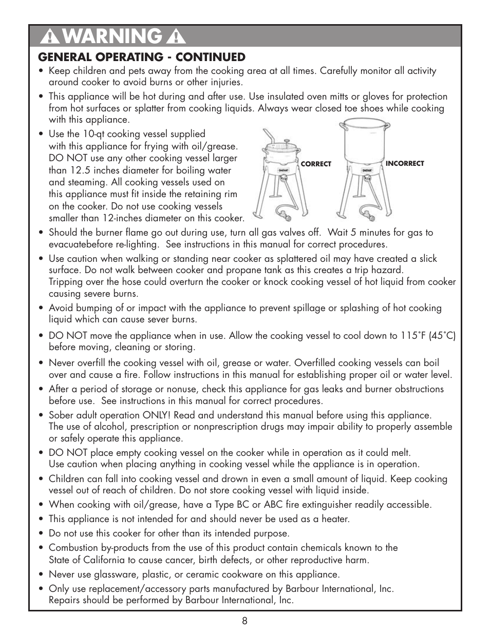 Warning | Bayou Classic 2212 User Manual | Page 10 / 28