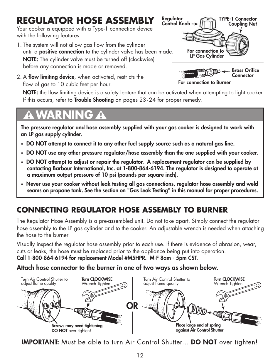 Warning, Regulator hose assembly, Connecting regulator hose assembly to burner | Bayou Classic 2212 User Manual | Page 14 / 28